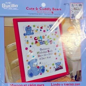 Bucilla Cute & Cuddly Baby Birth Record Teddy Bears Counted Cross Stitch Kit